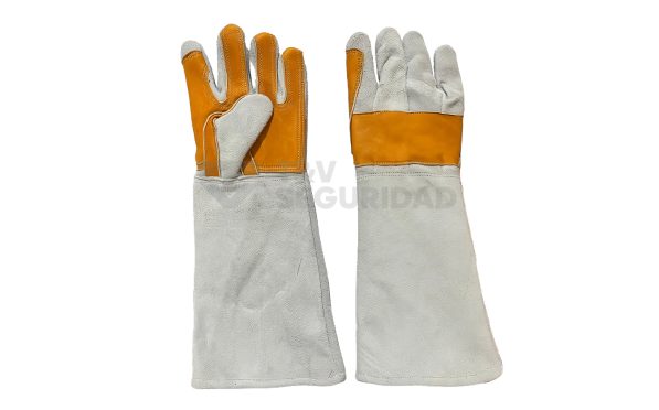 GUANTE DE CUERO CROMO C/ REFUERZO DE CUERO DE RES EN PALMA Y DORSO. C/FORRO INTERIOR Y C/HILO KEVLAR, DE 14". T&V